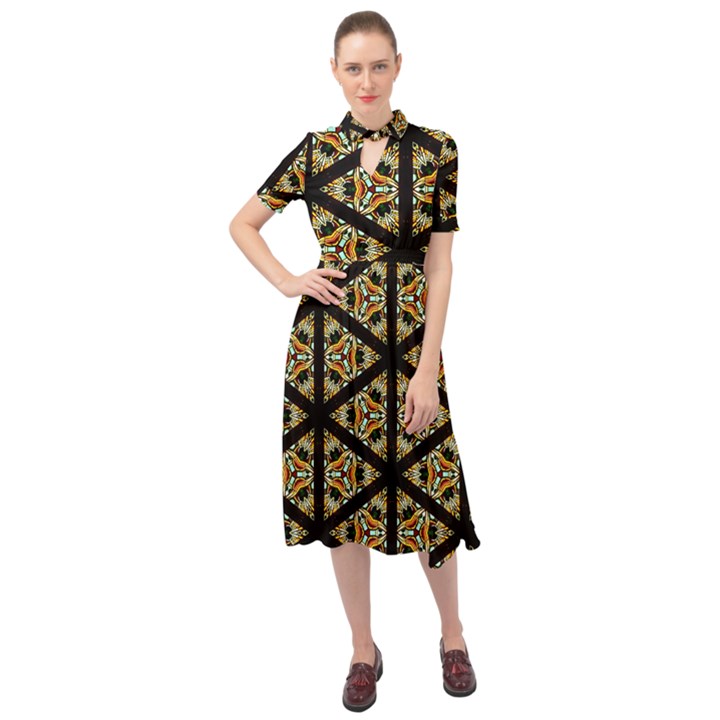 Pattern Stained Glass Triangles Keyhole Neckline Chiffon Dress