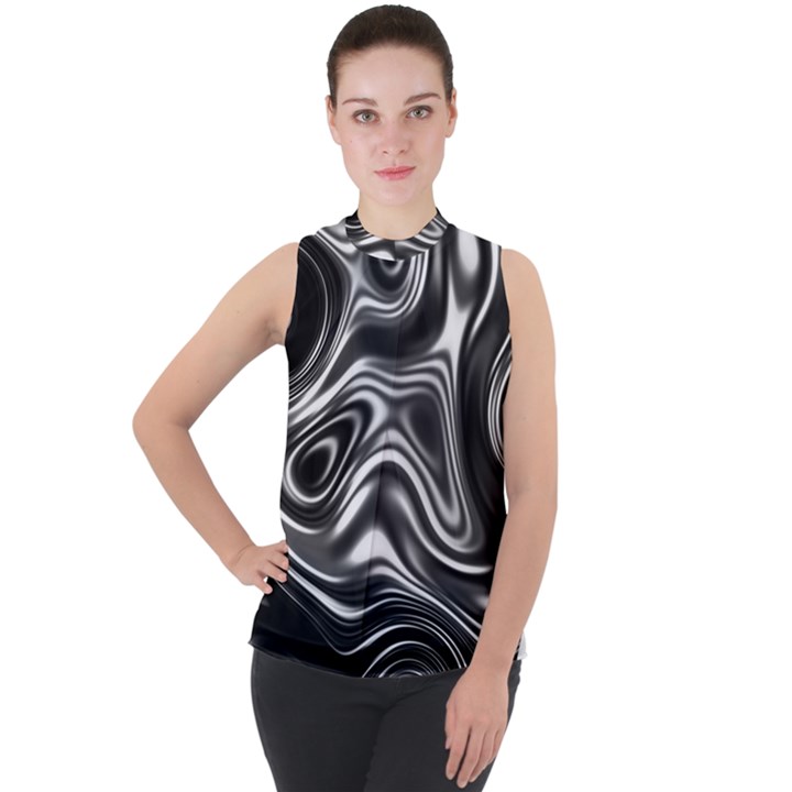 Wave Abstract Lines Mock Neck Chiffon Sleeveless Top