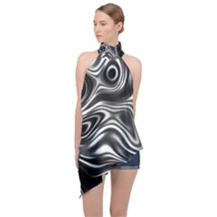 Wave Abstract Lines Halter Asymmetric Satin Top