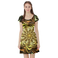 Fractal Flower Petals Gold Short Sleeve Skater Dress by HermanTelo