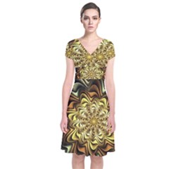 Fractal Flower Petals Gold Short Sleeve Front Wrap Dress