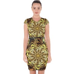 Fractal Flower Petals Gold Capsleeve Drawstring Dress 