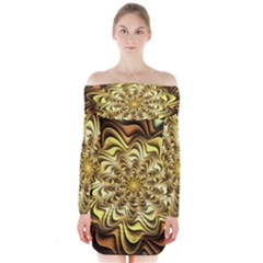 Fractal Flower Petals Gold Long Sleeve Off Shoulder Dress