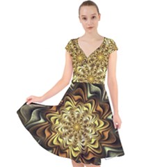 Fractal Flower Petals Gold Cap Sleeve Front Wrap Midi Dress by HermanTelo