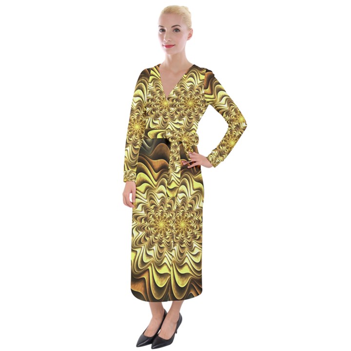 Fractal Flower Petals Gold Velvet Maxi Wrap Dress