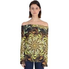 Fractal Flower Petals Gold Off Shoulder Long Sleeve Top