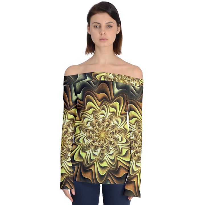 Fractal Flower Petals Gold Off Shoulder Long Sleeve Top