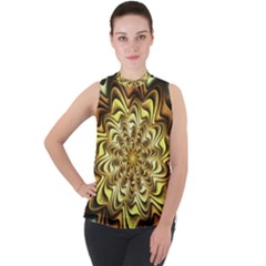 Fractal Flower Petals Gold Mock Neck Chiffon Sleeveless Top by HermanTelo