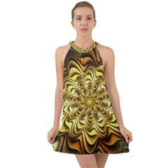 Fractal Flower Petals Gold Halter Tie Back Chiffon Dress