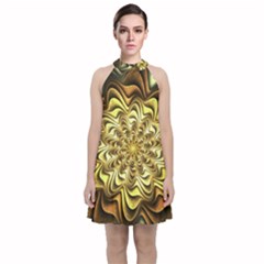 Fractal Flower Petals Gold Velvet Halter Neckline Dress 