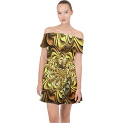 Fractal Flower Petals Gold Off Shoulder Chiffon Dress by HermanTelo