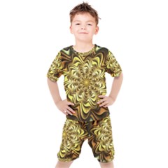 Fractal Flower Petals Gold Kids  Tee And Shorts Set by HermanTelo