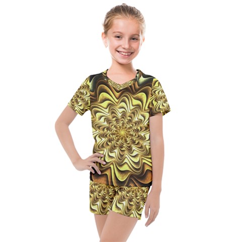 Fractal Flower Petals Gold Kids  Mesh Tee And Shorts Set by HermanTelo