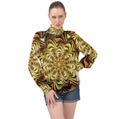 Fractal Flower Petals Gold High Neck Long Sleeve Chiffon Top