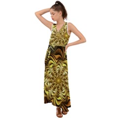 Fractal Flower Petals Gold V-neck Chiffon Maxi Dress