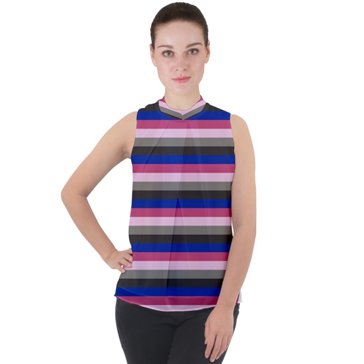 Stripey 9 Mock Neck Chiffon Sleeveless Top