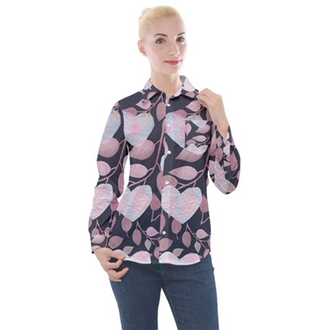 Navy Floral Hearts Women s Long Sleeve Pocket Shirt by mccallacoulture