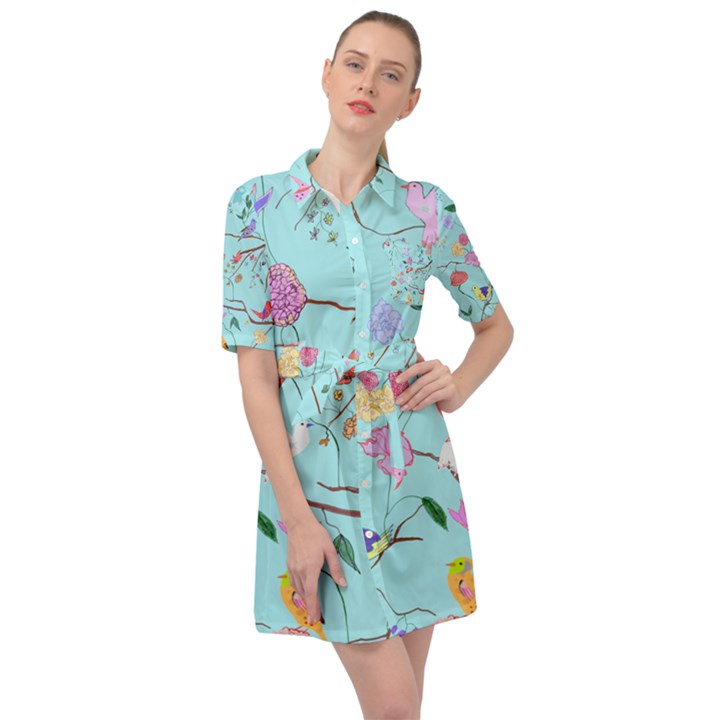 Birds And Flowers Belted Shirt Dress