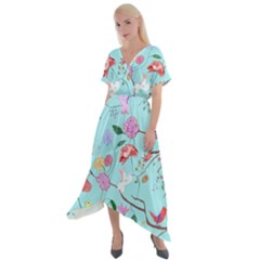 Birds And Flowers Cross Front Sharkbite Hem Maxi Dress by printondress