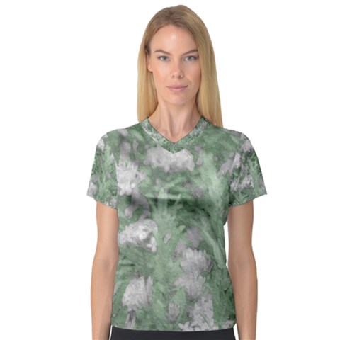 Green And White Textured Botanical Motif Manipulated Photo V-neck Sport Mesh Tee by dflcprintsclothing