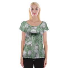 Green And White Textured Botanical Motif Manipulated Photo Cap Sleeve Top by dflcprintsclothing