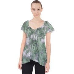 Green And White Textured Botanical Motif Manipulated Photo Lace Front Dolly Top