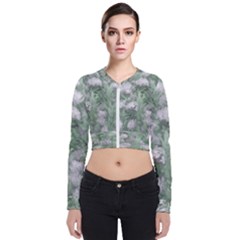 Green And White Textured Botanical Motif Manipulated Photo Long Sleeve Zip Up Bomber Jacket by dflcprintsclothing