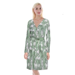 Green And White Textured Botanical Motif Manipulated Photo Long Sleeve Velvet Front Wrap Dress by dflcprintsclothing