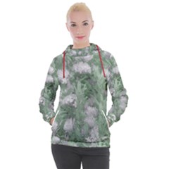 Green And White Textured Botanical Motif Manipulated Photo Women s Hooded Pullover