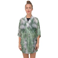 Green And White Textured Botanical Motif Manipulated Photo Half Sleeve Chiffon Kimono