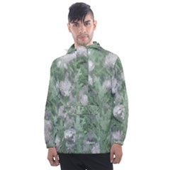 Green And White Textured Botanical Motif Manipulated Photo Men s Front Pocket Pullover Windbreaker by dflcprintsclothing