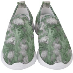 Green And White Textured Botanical Motif Manipulated Photo Kids  Slip On Sneakers by dflcprintsclothing