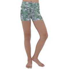 Green And White Textured Botanical Motif Manipulated Photo Kids  Lightweight Velour Yoga Shorts by dflcprintsclothing