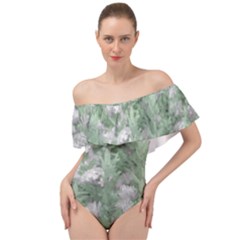 Green And White Textured Botanical Motif Manipulated Photo Off Shoulder Velour Bodysuit  by dflcprintsclothing