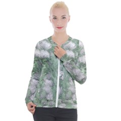 Green And White Textured Botanical Motif Manipulated Photo Casual Zip Up Jacket by dflcprintsclothing