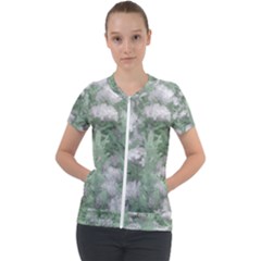 Green And White Textured Botanical Motif Manipulated Photo Short Sleeve Zip Up Jacket