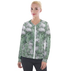 Green And White Textured Botanical Motif Manipulated Photo Velour Zip Up Jacket by dflcprintsclothing