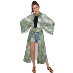 Green And White Textured Botanical Motif Manipulated Photo Maxi Kimono