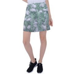 Green And White Textured Botanical Motif Manipulated Photo Tennis Skirt