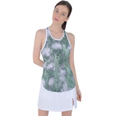 Green And White Textured Botanical Motif Manipulated Photo Racer Back Mesh Tank Top