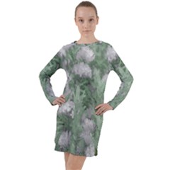 Green And White Textured Botanical Motif Manipulated Photo Long Sleeve Hoodie Dress