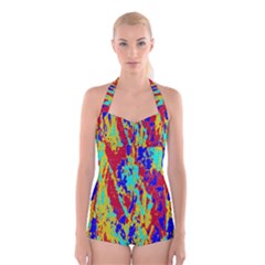 Multicolored Vibran Abstract Textre Print Boyleg Halter Swimsuit  by dflcprintsclothing