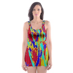 Multicolored Vibran Abstract Textre Print Skater Dress Swimsuit by dflcprintsclothing