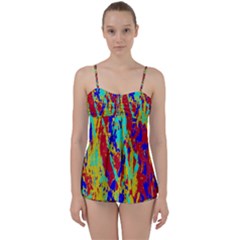 Multicolored Vibran Abstract Textre Print Babydoll Tankini Set by dflcprintsclothing