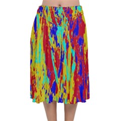 Multicolored Vibran Abstract Textre Print Velvet Flared Midi Skirt by dflcprintsclothing