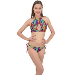 Multicolored Vibran Abstract Textre Print Cross Front Halter Bikini Set by dflcprintsclothing