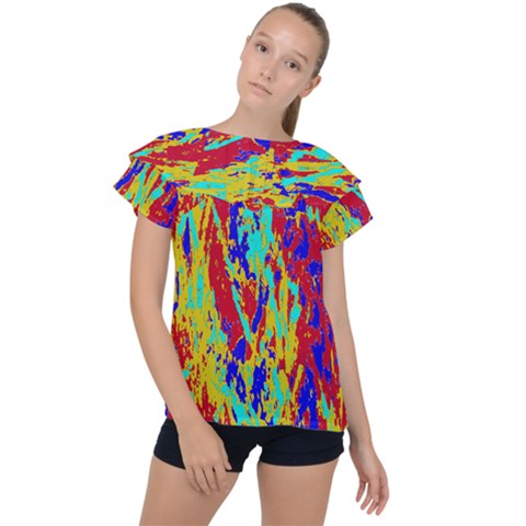 Multicolored Vibran Abstract Textre Print Ruffle Collar Chiffon Blouse by dflcprintsclothing