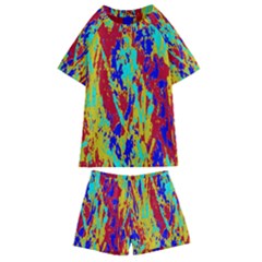 Multicolored Vibran Abstract Textre Print Kids  Swim Tee And Shorts Set by dflcprintsclothing