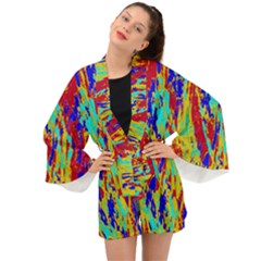 Multicolored Vibran Abstract Textre Print Long Sleeve Kimono