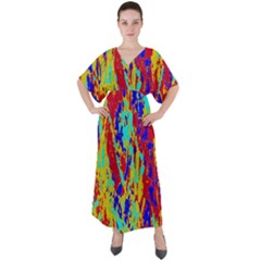 Multicolored Vibran Abstract Textre Print V-neck Boho Style Maxi Dress